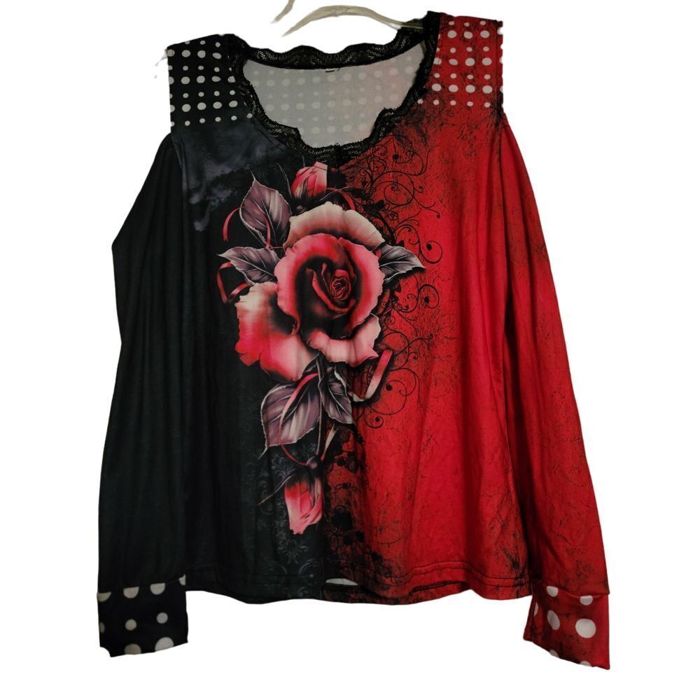 Elegant Rose Print Two-Tone Long Sleeve Top‎ - Red & Black - Size L
